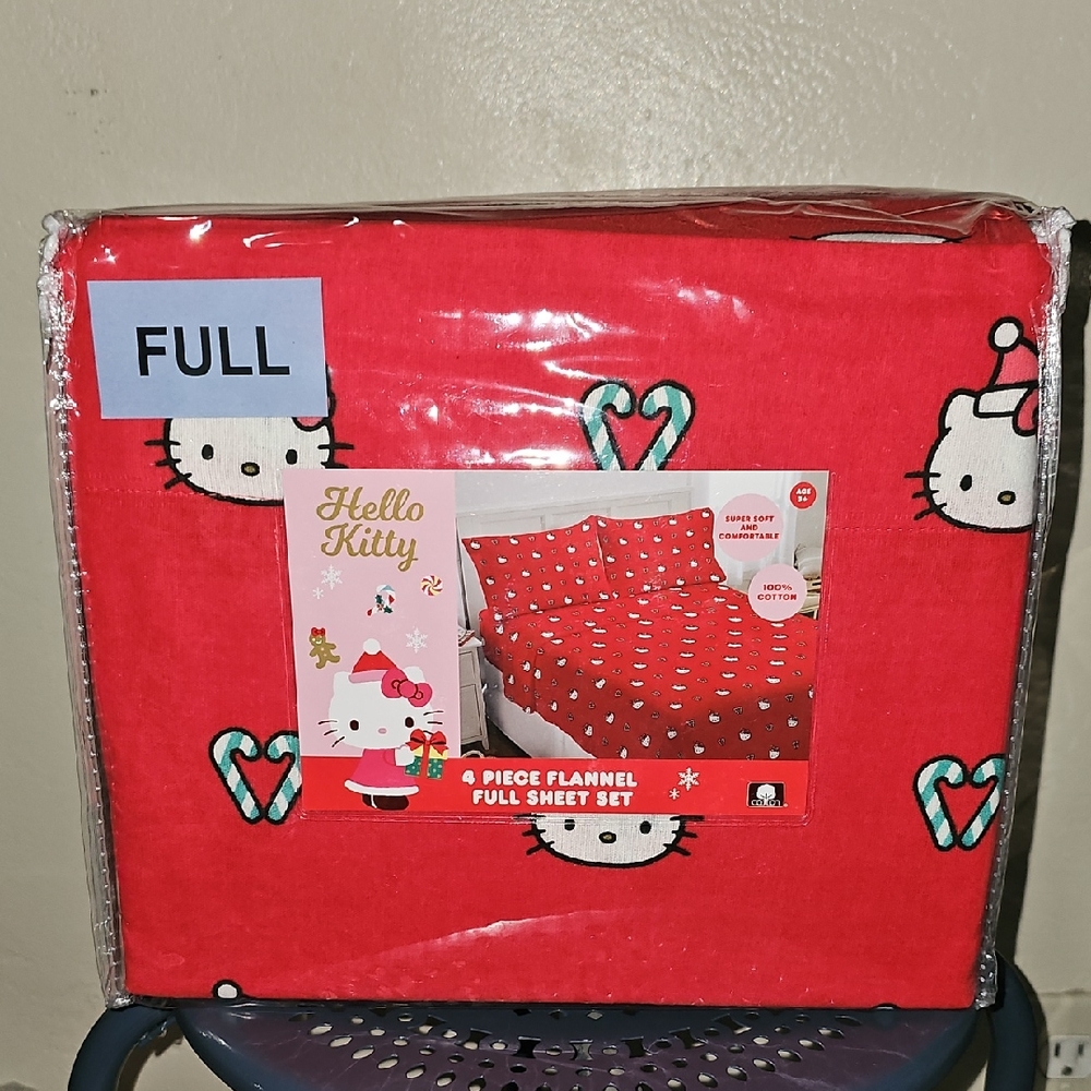 Hello Kitty Red Flannel Sheet Set Cat Candy Cane Christmas Theme New 4pc